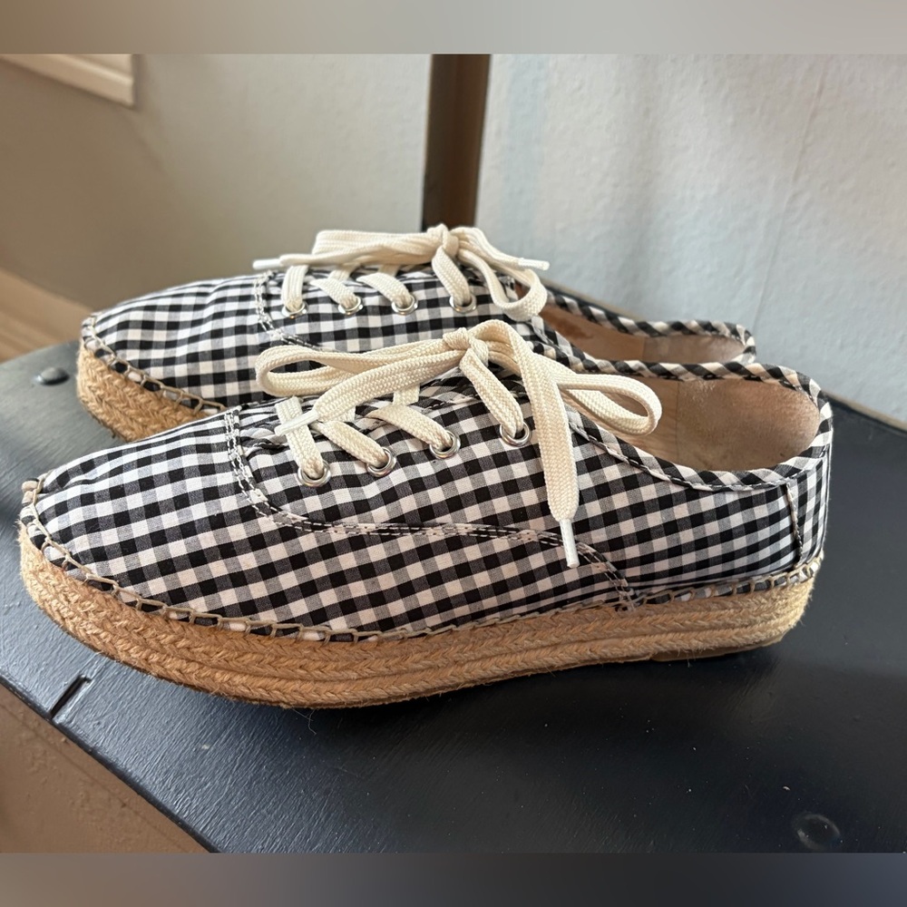 Gianni Bini Dunnigan espadrille laceup flats feat.a black & white gingham print.